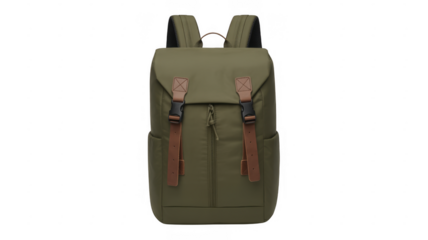 Green backpack with brown straps and buckles leather straps isolated on a transparent background