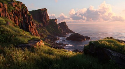 A scenic coastal view with cliffs, ocean, grass, and a sunset in the sky, creating a serene ambiance