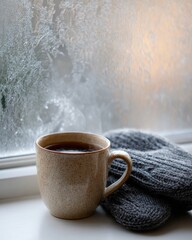 Warm Mug of Hot Drink with Wool Gloves beside Frosted Window
