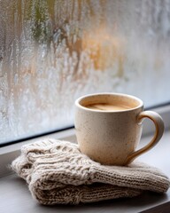 Cozy Mug of Hot Drink with Wool Gloves Beside Frosted Window
