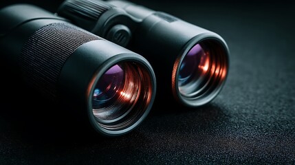Close-up of black, professional binoculars, lenses reflecting warm light, on a dark surface