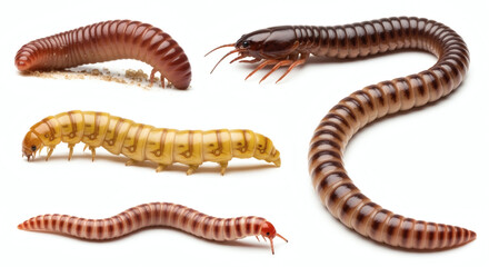 Close-up of various worm-like creatures with segmented bodies, featuring different colors and sizes against a white backdrop