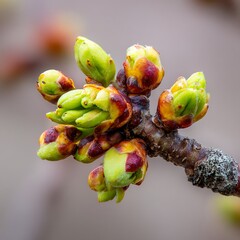 Close-up of budding tree branch with new green leaves emerging from colorful brown buds