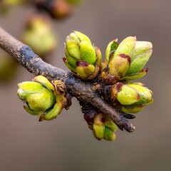 Close-up of buds emerging on a twig, showcasing early spring growth