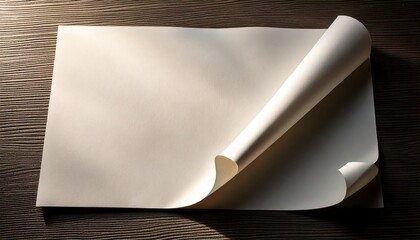 A blank white sheet of paper curled on a dark wooden surface.