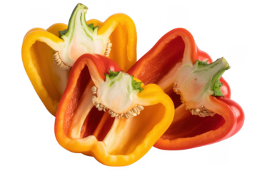 Halved bell peppers in yellow, red, and orange isolated on a transparent background
