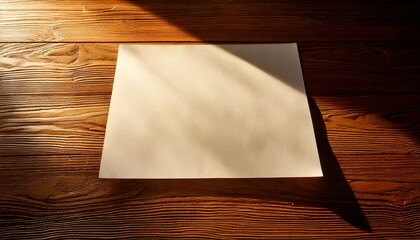 A plain white empty card on a wooden table with sunlight shadow.