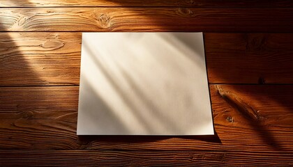 Blank white paper Page on wooden table with sunlight and shadows.