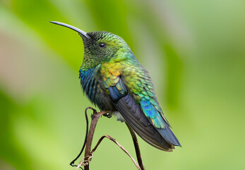Frontal Close-up view of Hummingbird Green-throated carib (Eulampis holosericeus) at Guadeloupe National Park - Caribbean island Guadeloupe
