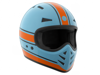 Light blue motorcycle helmet with orange stripes light blue helmet isolated on a transparent background