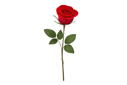 Red rose with a long stem and green leaves, representing romantic love, passion, and beauty, isolated on a transparent background