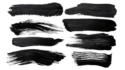 Eight textured black paint brush strokes against a clean white background