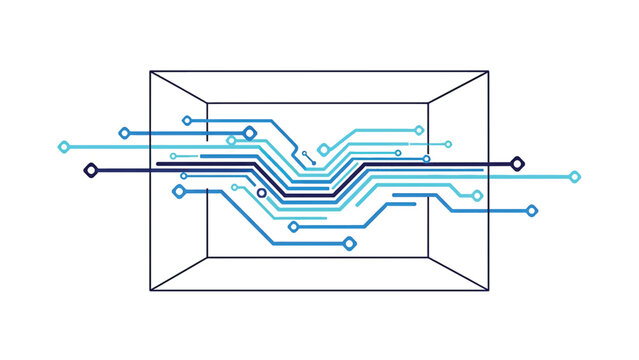 Minimalist blue and white abstract design featuring circuitry within a cuboid frame on a white background