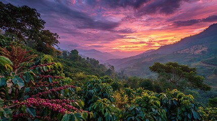Lush coffee plantation landscape under a vibrant sunset with rolling hills and purple hues