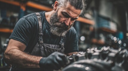 Bearded craftsman wearing gloves works intently on mechanical parts in a workshop