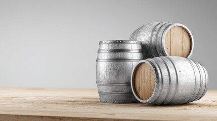 Three weathered wooden barrels stacked on a light colored wooden surface with a grey background