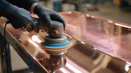 Hands wearing black gloves using an orbital sander to polish a shiny copper surface