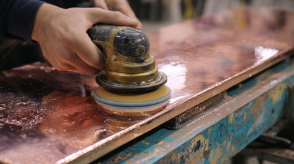 Close up of hands operating a rotary sander on a polished copper surface creating sparks