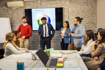 Young professional presenting to multiracial team