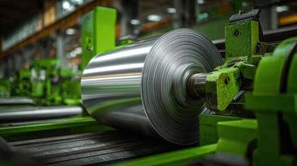 Naklejka premium A large roll of polished metal sheet on a green industrial machine factory