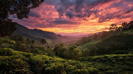 Stunning panoramic view of green hills, valleys, and vibrant sunset