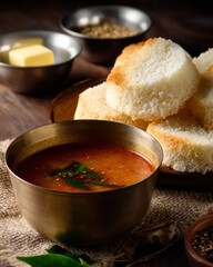 Traditional South Indian Meal With Idli and Sambar on Wooden Table