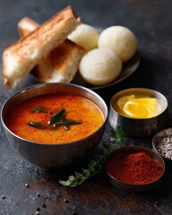 Delicious South Indian Meal with Idli, Sambar, and Toasted Bread