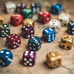 A close-up shot of colorful dice scattered on a vintage map