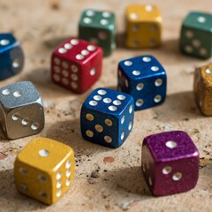 Close-up of colorful dice scattered on a textured surface, showcasing their numerical dots