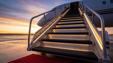 Low angle shot of stairs leading into private jet symbolizing luxury travel