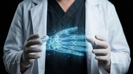 A professional businessman in a suit uses a digital touchscreen to touch a virtual screen, representing a future technology concept where a doctor is looking at an x-ray image for success