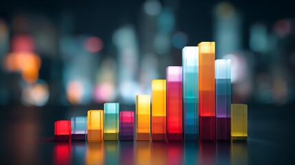 Colorful transparent bar graph rising against a blurred cityscape