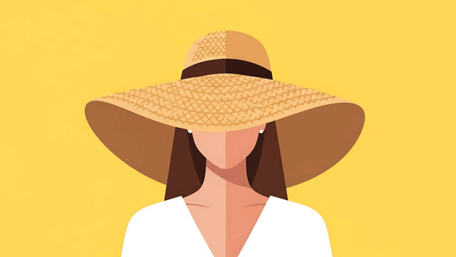 Illustration of a faceless woman wearing a large, straw sun hat against a yellow background, sporting a white top