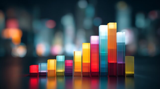 Colorful transparent bar graph rising against a blurred cityscape - Powered by Adobe