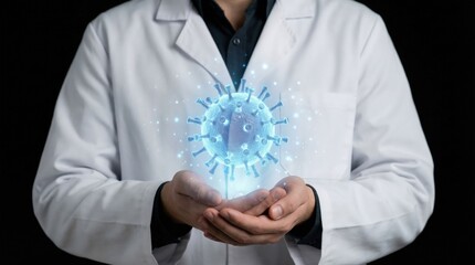 A professional medical scientist in a hospital laboratory carefully holding a glass globe in their hands to represent global healthcare and innovative business science