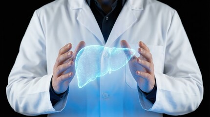 A medical professional in a digital clinic uses future technology to touch a screen display while holding a stethoscope and an x-ray image for healthcare
