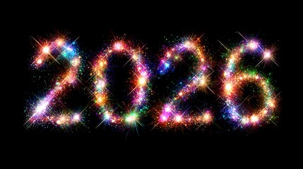 Glowing colorful sparkler effect spelling out the year 2026 against a black backdrop