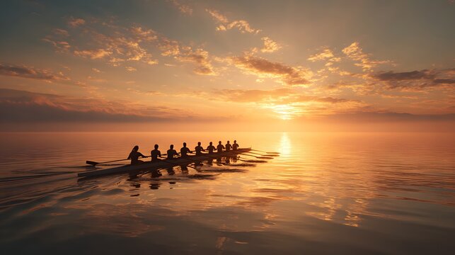 Rowing team at sunset: teamwork, collaboration, and achieving goals together stock photo