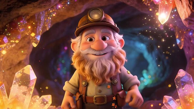 Happy Cartoon Dwarf Miner in a Magical Crystal Cave with Glowing Gems and Sparkling Lights.