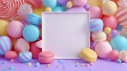 Assorted pastel treats surround a blank square frame on a purple surface
