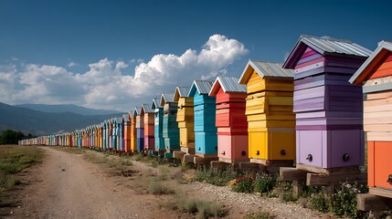A vibrant row of colorful beehives lines a dirt path under a bright blue sky