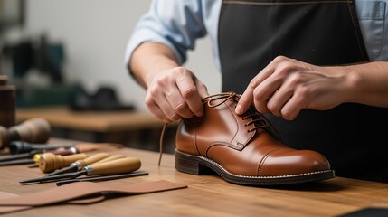 Shoemaker manufacturing leather footwear by hand, traditional shoe production process, artisan craftsmanship, professional manufacturer workshop environment