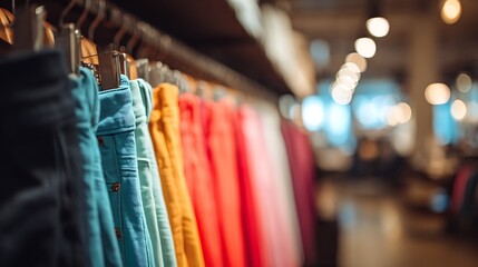 Close-up of colorful clothes hanging on a rack in a clothing store, blurred background