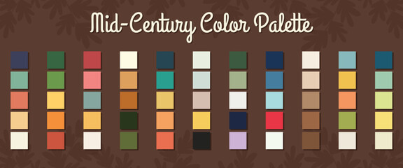 Mid century modern color palette with vintage retro swatches for interior design and graphic branding. © Marina