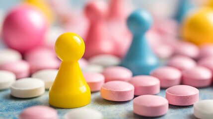 Colorful board game pieces and pharmaceutical tablets arranged creatively
