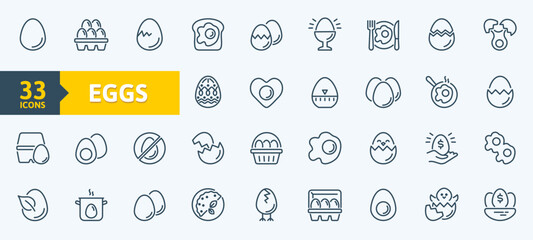Eggs line icon set. Container, easter hunt basket, eggshell, yolk, scrambled, cooking ingredient minimal vector illustration. Simple outline sign for breakfast. 