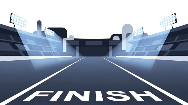 Illustration of an empty stadium with a finish line. Stadium lights illuminate the path towards the word "FINISH". A minimalist, graphic design - Powered by Adobe