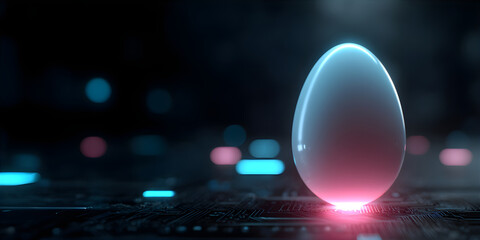 Glowing egg on futuristic circuit board. Digital Easter, metaverse egg hunt. New technology and virtual reality concept on dark background.