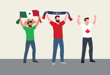 World cup football 2026. Flat vector illustration of international football fans cheering with national flags and scarves.