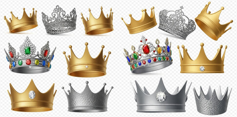 Set of royal crowns, golden and silver, adorned with precious jewels, on a transparent background. © Heri